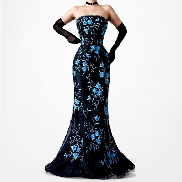 Vintage Black Blue Floral Beaded Strapless Maxi Bodycon Prom Dress Size XXS/XS - Picture 2 of 8